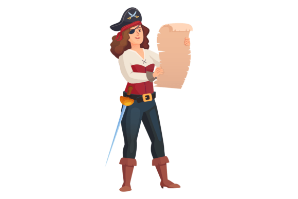 Pirate Hold Treasure Map. Woman in Retro Review